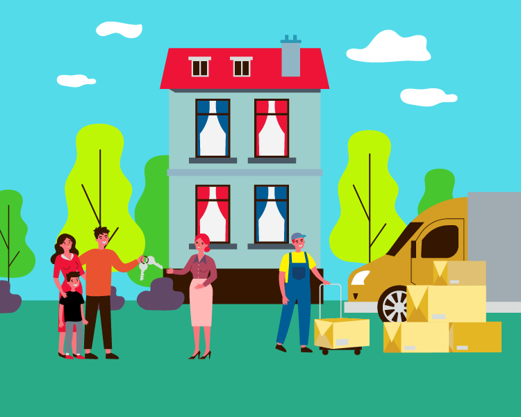 illustration of a real estate agent handing over keys to a family in front of a house with a moving company next to it